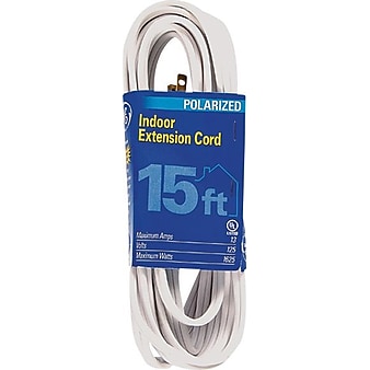 GE Polarized 15'L General Purpose Extension Cord, 3 Outlet, White (51962)