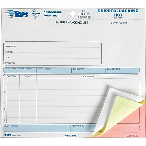 TOPS SnapOff 3Part Carbonless Packing Slips, 81/2" x 7", 50 Sets