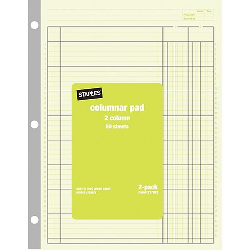 Staples Columnar Pads, 2Columns, 50 Sheets, Green, 2/Pack (217828