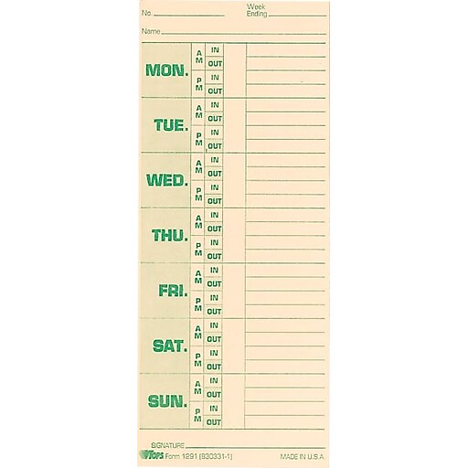 Tops® Time Card for Pyramid Model 33110, Weekly, TwoSided, 31/2" x 8