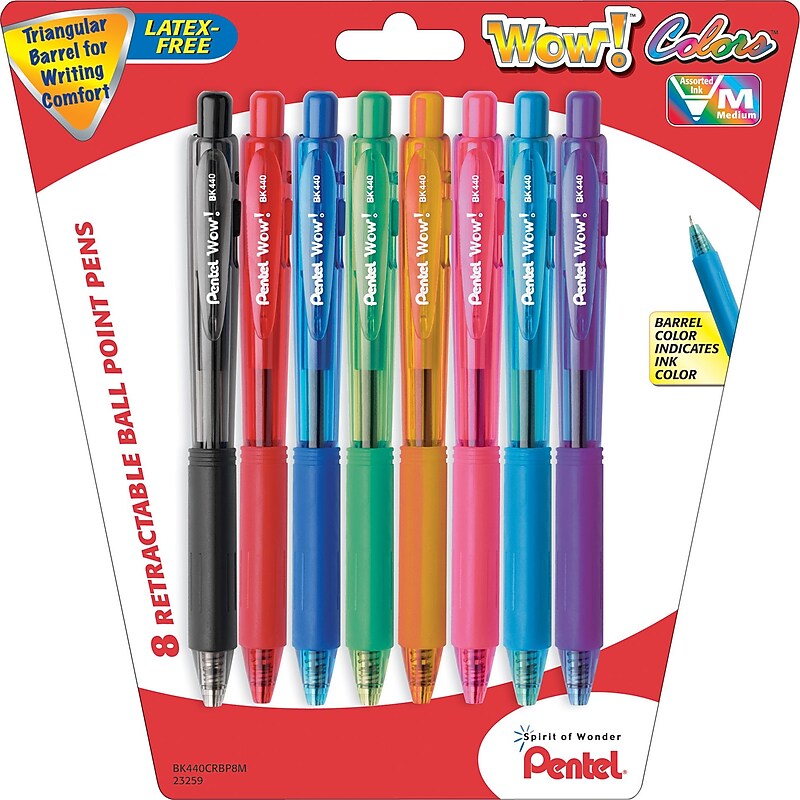 Pentel WOW Retractable Ballpoint Pens, Medium Point, Assorted Ink, 8/Pack (BK440CRBP8M) image 1
