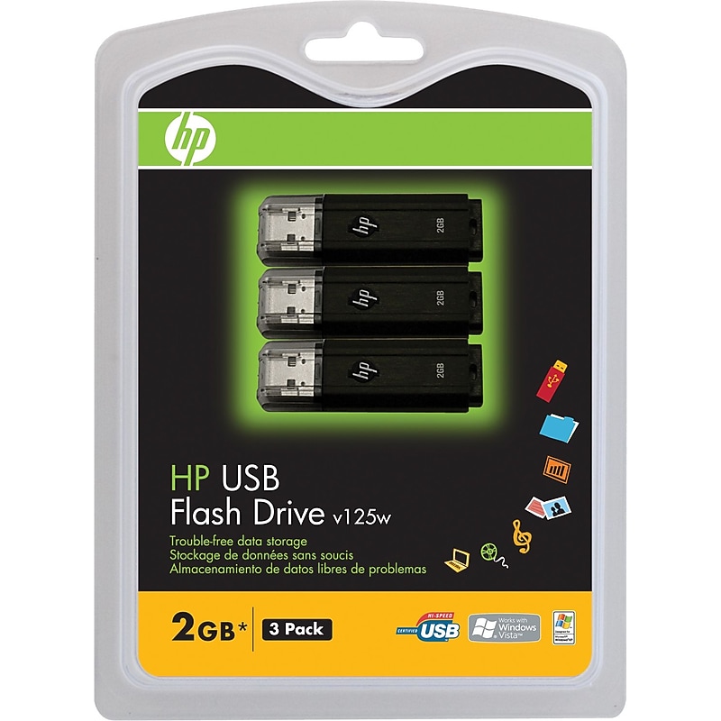 HP 2GB USB 2.0 Type A Flash Drive, Black, 3/Pack (PFD2GBX3HPV125W) image 1