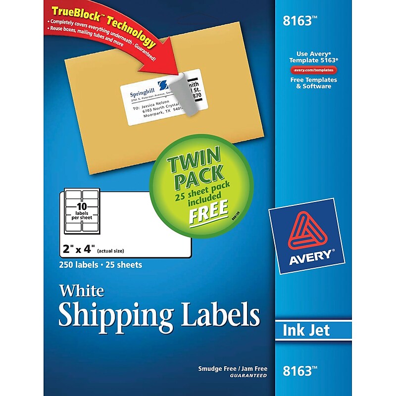 Avery 8163 White Inkjet Shipping Labels with TrueBlock, 2" x 4", 500 labels/Box (78163) image 1