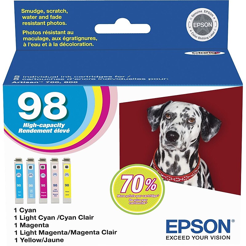Epson T98 Cyan/Magenta/Yellow/Light Cyan/Light Magenta High Yield Ink Cartridge, 5/Pack   (T098920-S) image 1