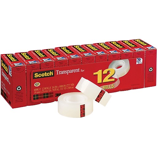 Scotch® Transparent Tape 600, 3/4"x 27 yds., 1" Core, 12/Pack (600K12