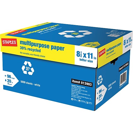 Staples 30 Recycled Multipurpose Paper, 8 1/2" x 11", 5,000/Case