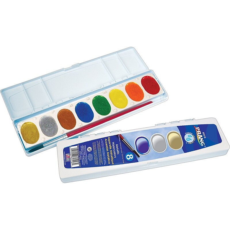 Prang Semi-Moist Washable Metallic Watercolor Paint with Brush, Assorted Colors, 8 Colors/Set (X80516) image 1