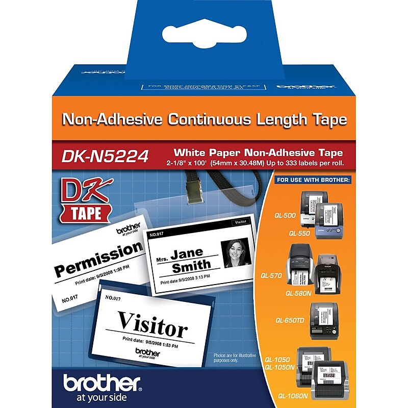 Brother DK-N5224 Non-Adhesive Wide Width Continuous Paper Labels, 2-1/10" x 100', Black on White (DK-N5224) image 1