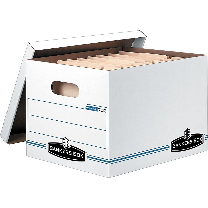 Bankers Box Stor/File 60% Recycled Corrugated File Box Lift Off Lid, Letter/Legal Size, White/Blue, 6/Pack (57036-04) image 1