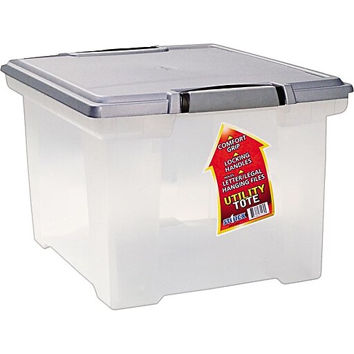 Storex Letter/Legal Portable File Tote Storage Box With Locking Handle, Clear/Silver
