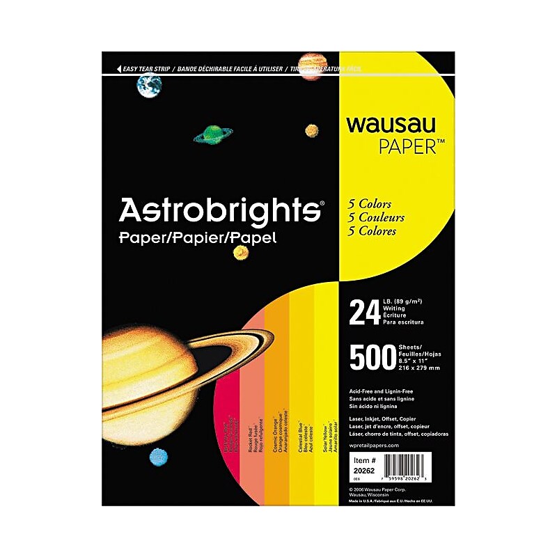 Astrobrights Wausau 8.5" x 11" Color Copy Paper, 24 lbs., Assorted Warm Colors, 500 Sheets/Ream (WAU20272) image 1