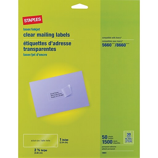 Staples 1" x 25/8" Inkjet/Laser Address Labels, Clear, 1,500/Box