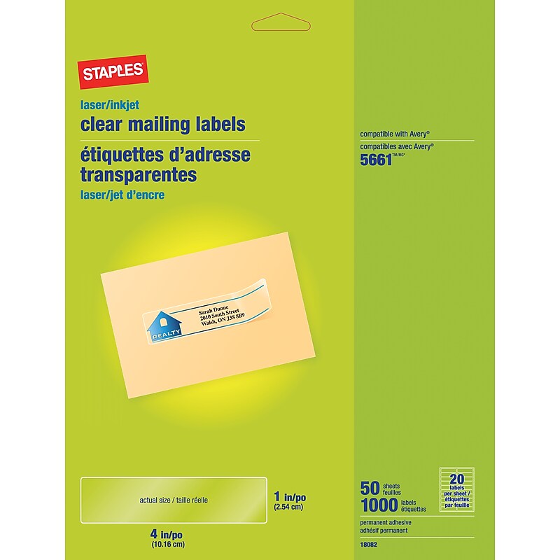 Staples Laser/Inkjet Address Labels, 1" x 4", Clear, 20 Labels/Sheet, 50 Sheets/Box, 1000 Labels/Box (18082) image 1