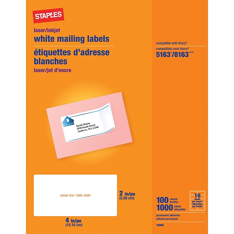Staples® Inkjet/Laser Shipping Labels, 2" x 4", White, 10 Labels/Sheet, 100/Sheets/Pack (18060CT) image 1