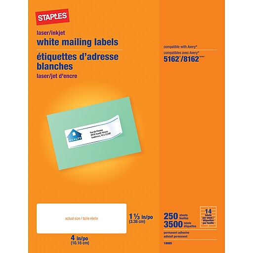 Staples White Inkjet/Laser Address Labels 11/3" x 4", 3,500/Box (18065