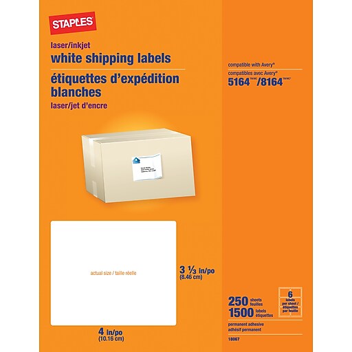 Staples® White Inkjet/Laser Shipping Labels 31/3" x 4", 1,500/Box