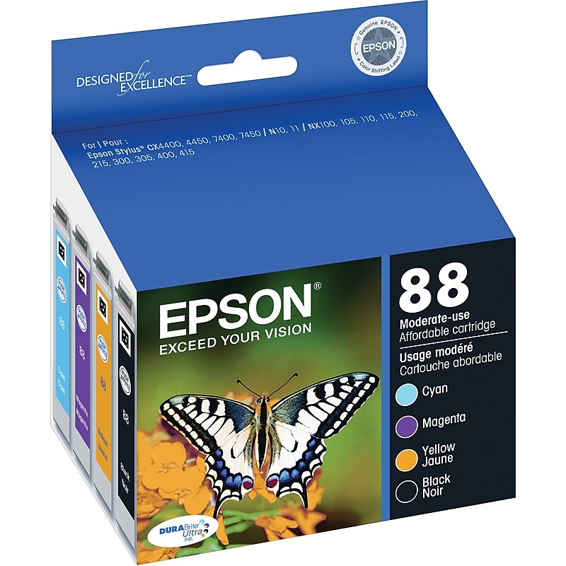 Epson T88 Black/Cyan/Magenta/Yellow Standard Yield Ink Cartridge, 4/Pack (T088120-BCS) image 1