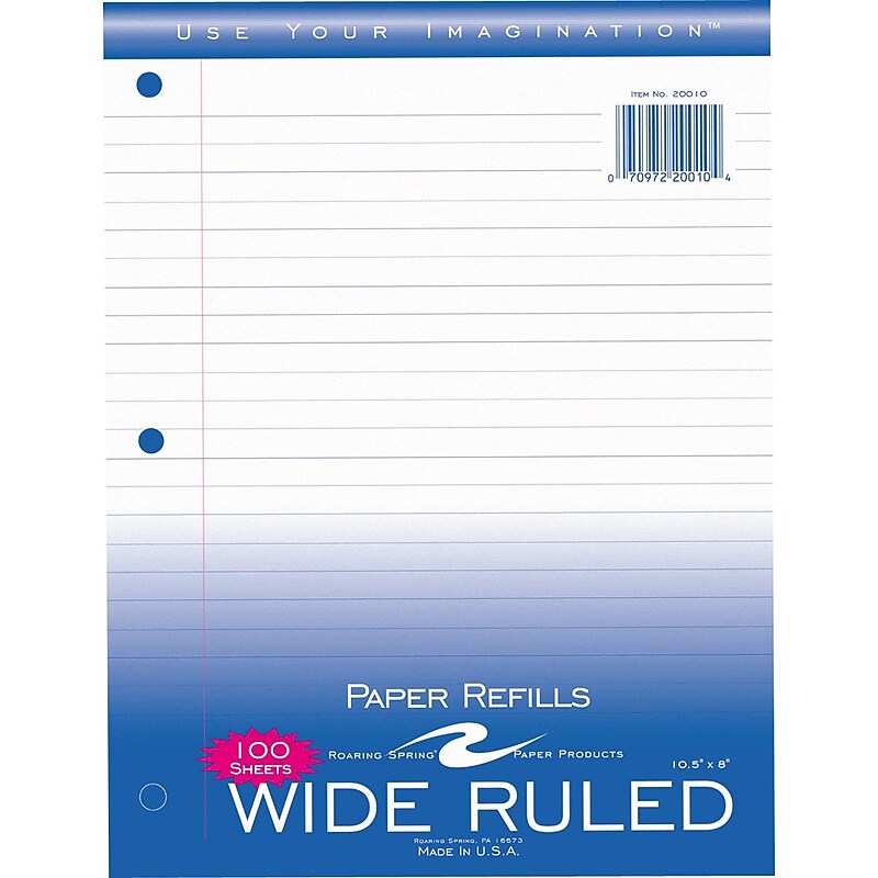 Roaring Spring Paper Products Wide Ruled Filler Paper, 8" x 10.5", 3-Hole Punched, 100 Sheets/Pack (20010) image 1