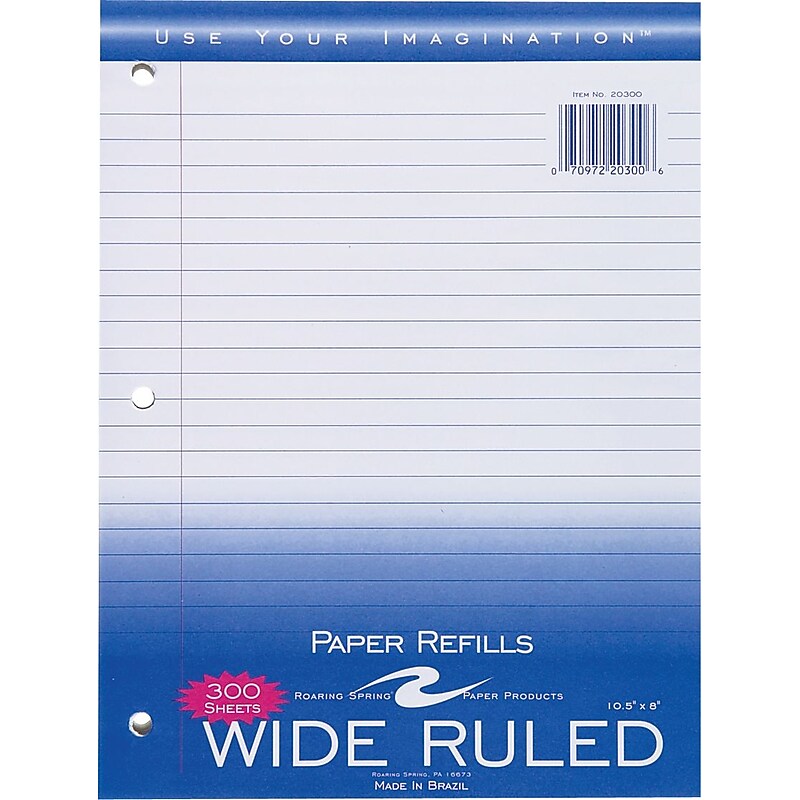 Roaring Spring Paper Products Wide Ruled Filler Paper, 8" x 10.5", 3-Hole Punched, 300 Sheets/Pack (20300) image 1