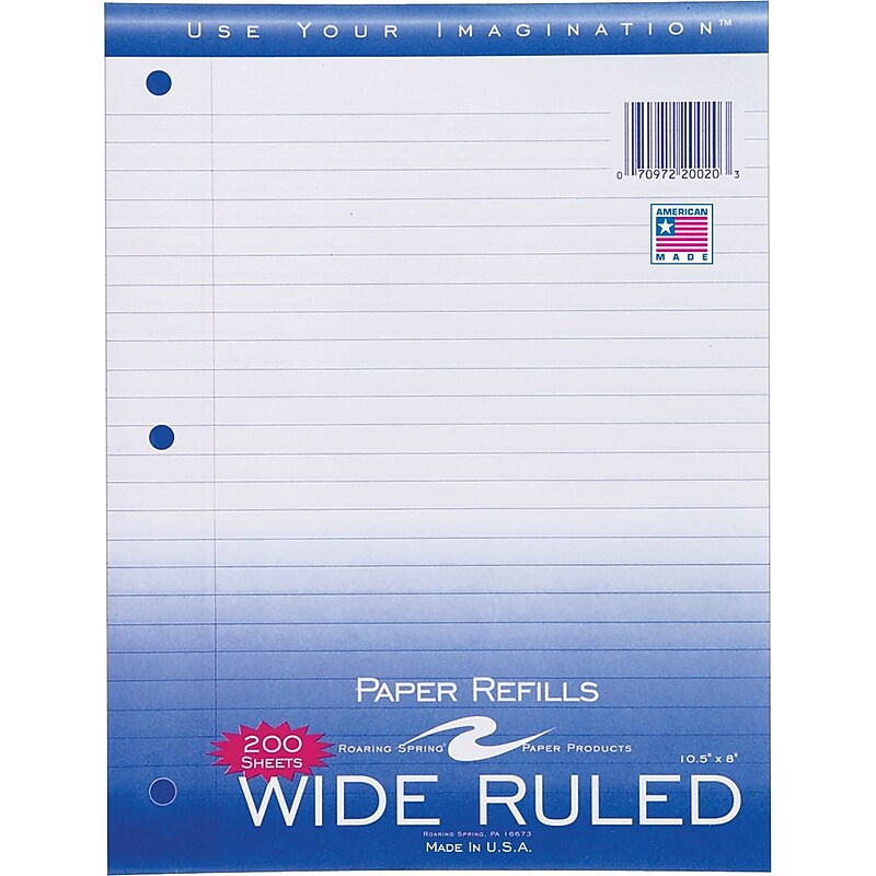 Roaring Spring Paper Products Wide Ruled Filler Paper, 8" x 10.5", 3-Hole Punched, 200 Sheets/Pack (20020) image 1