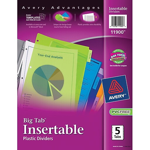 Avery® Multicolored Plastic Insertable Tab Dividers, 5Tab Staples