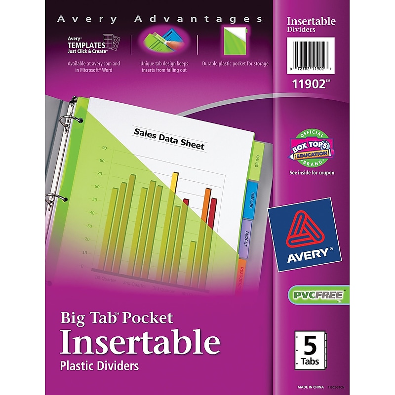 Avery Big Tab Insertable Plastic Dividers, 5 Tab, Multicolor, 24 Sets/Carton (11902) image 1