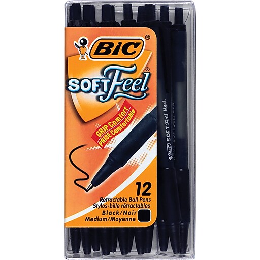 BIC® Soft Feel® Retractable Ballpoint Pens, Medium Point, Black, Dozen
