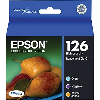 Epson T126 Cyan/Magenta/Yellow High Yield Ink Cartridge, 3/Pack (T126520-S)