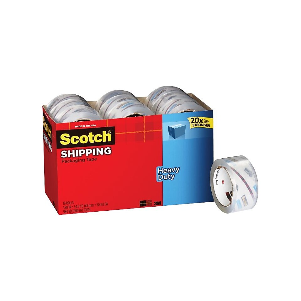 Scotch Heavy Duty Packaging Tape, Clear, 1.88 x 54.6 yds, 18 Refill Rolls/Pack