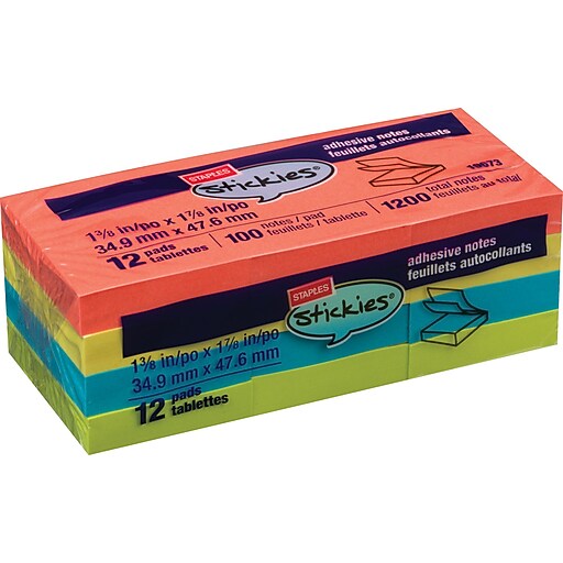 Staples Stickies® 1 1/2" x 2" Bright Notes, 12 Pads/Pack Staples