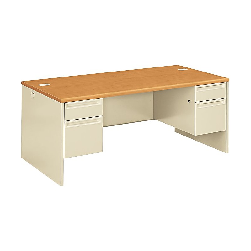 HON 38000 Series 72"W Double Pedestal Desk, Harvest Oak/Putty (HON38180CL) image 1