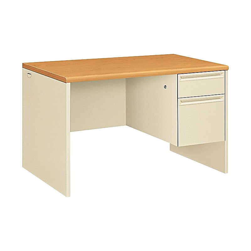 HON 38000 Series 48"W Single Pedestal Desk, Harvest Oak/Putty (H38251CL) image 1