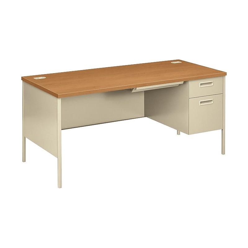 HON® Metro Classic Series "L"-Shaped Station, Single Right Pedestal Desk, Harvest/Putty, 29 1/2"H x 66"W x 30"D image 1