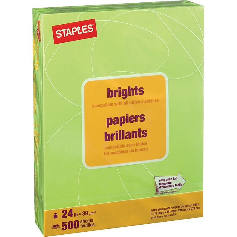 Staples Brights Multipurpose Paper, 24 lbs., 8.5" x 11", Lime, 500/Ream (20105) image 1