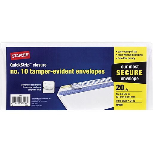 Staples 10 Tamper Evident White Wove Business Envelopes, 4 1/8" x 9 1/