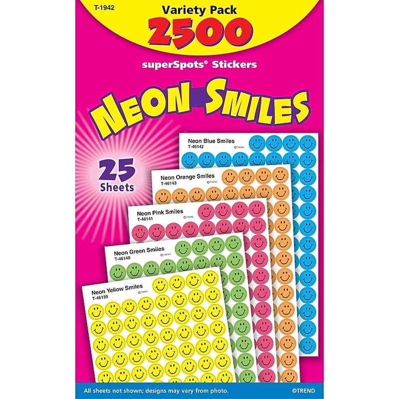 superSpots® Sticker Variety Pack, Neon Smiles, 2,500 per Pack image 1