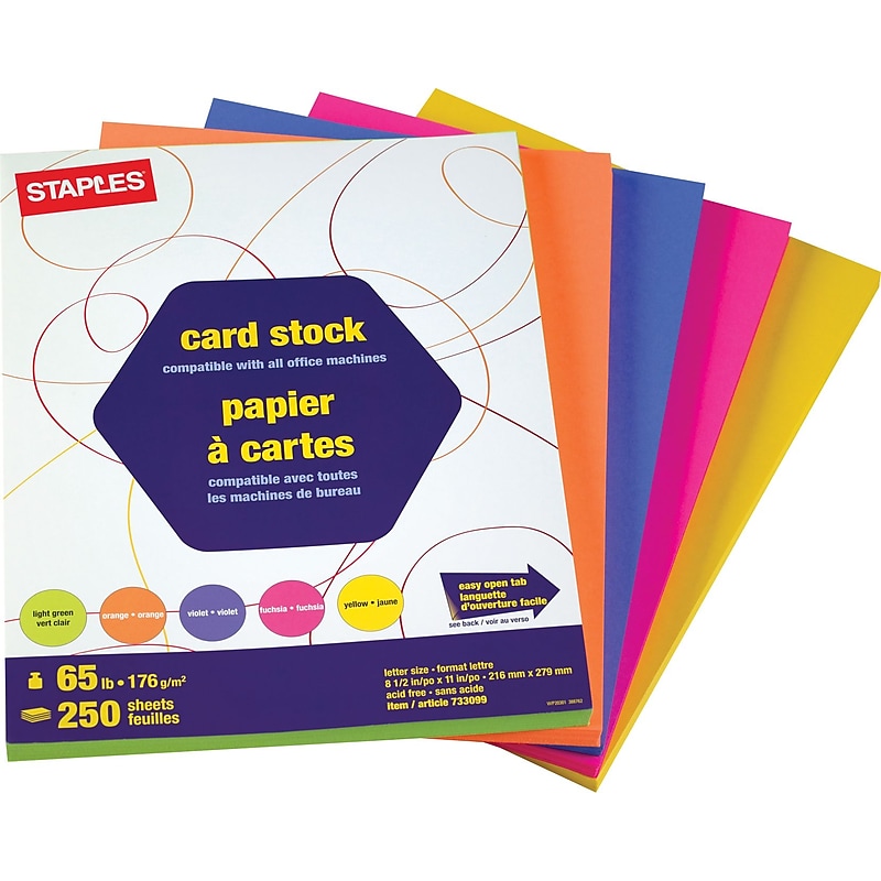 Staples® Brights Colored Card Stock, 8.5" x 11", Neon Assorted, 250 Sheets/Pack (16428) image 1
