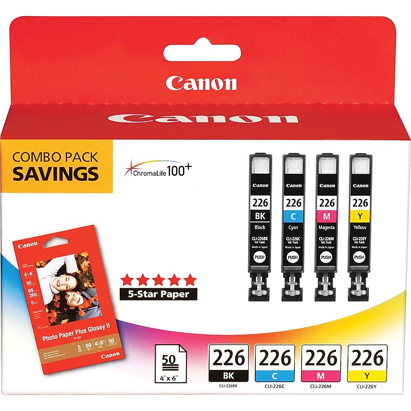 Canon 226 Black/Cyan/Magenta/Yellow Standard Yield Ink Cartridge with Photo Paper, 4/Pack (4546B007) image 1
