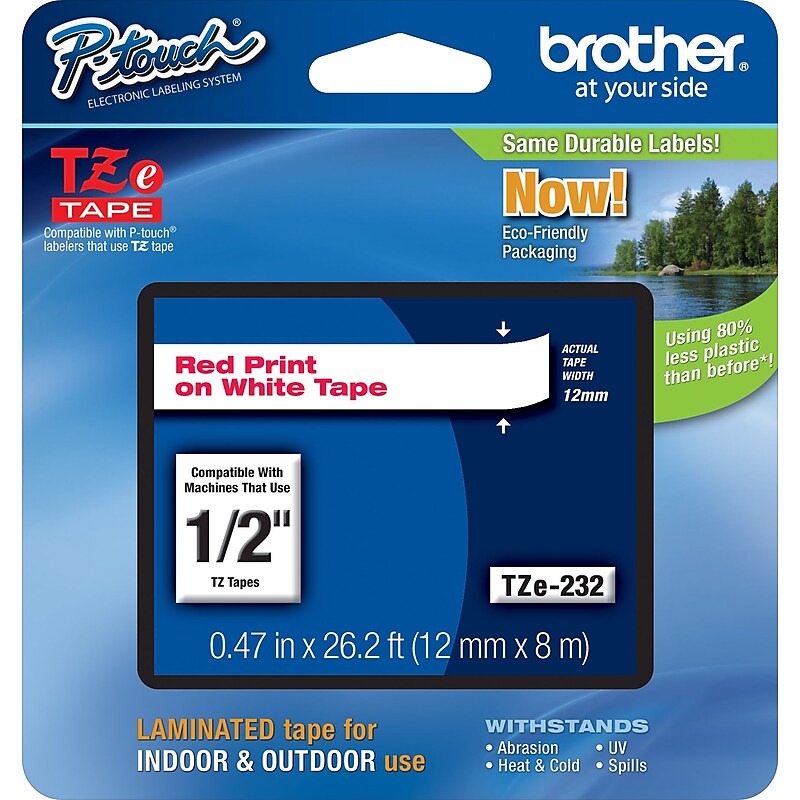 Brother P-touch TZe-232 Laminated Label Maker Tape, 1/2" x 26-2/10', Red On White, 6/Pack (TZe-232CT) image 1