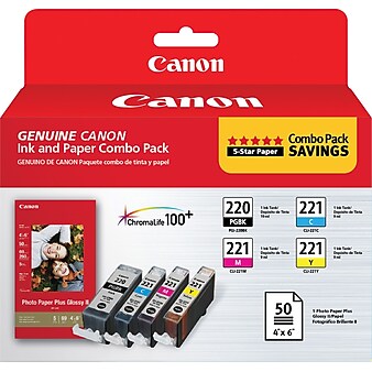 Canon 220/221 Black/Cyan/Magenta/Yellow Standard Yield Ink Cartridge with 50 Sheets 4x6 Photo Paper, 4/Pack (2945B011)