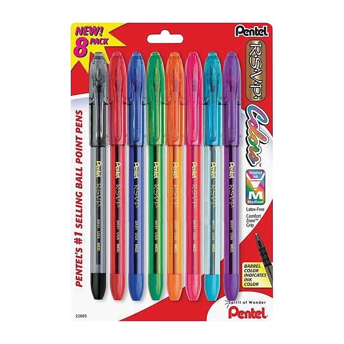 Pentel R.S.V.P. Ballpoint Pens, Medium Point, Assorted Ink, 8/Pack