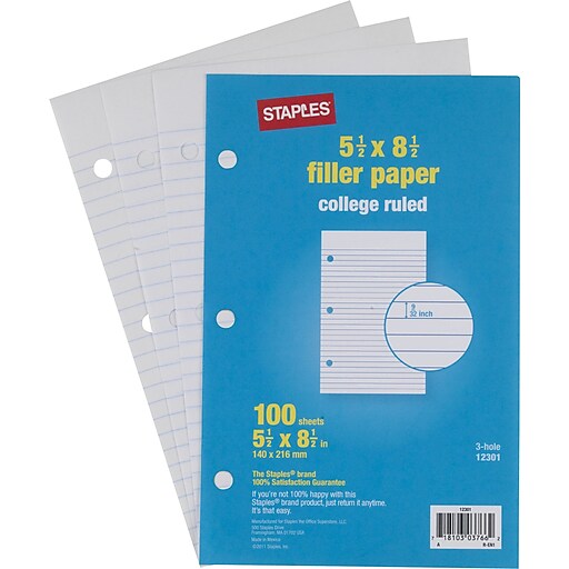 Staples College Ruled Filler Paper, 5 1/2" x 8 1/2", 100/Pack (12301M