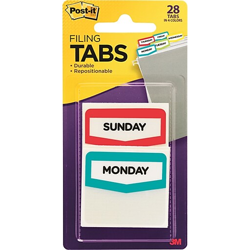 Postit® Preprinted Day Tabs, Assorted Colors, 28 Tabs/Pack at Staples