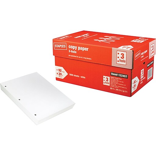 Staples® Copy Paper, 8 1/2" x 11", 3 Hole Punched, Case Staples