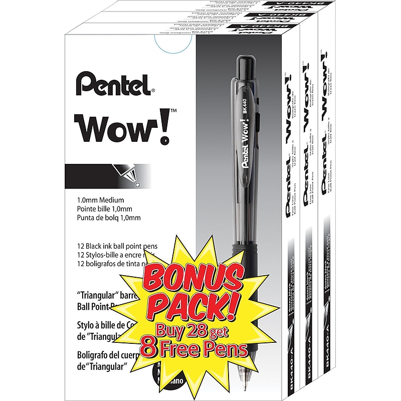 Pentel® WOW® Retractable Ballpoint Pens Bonus Pack, Medium Point, Black Ink, 36/Pack (BK440ASWUSS) image 1