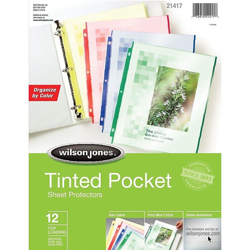 Wilson Jones® Tinted Pocket Sheet Protectors, 8-1/2" x 11",  Assorted Colors, 12/Pack (W21417) image 1