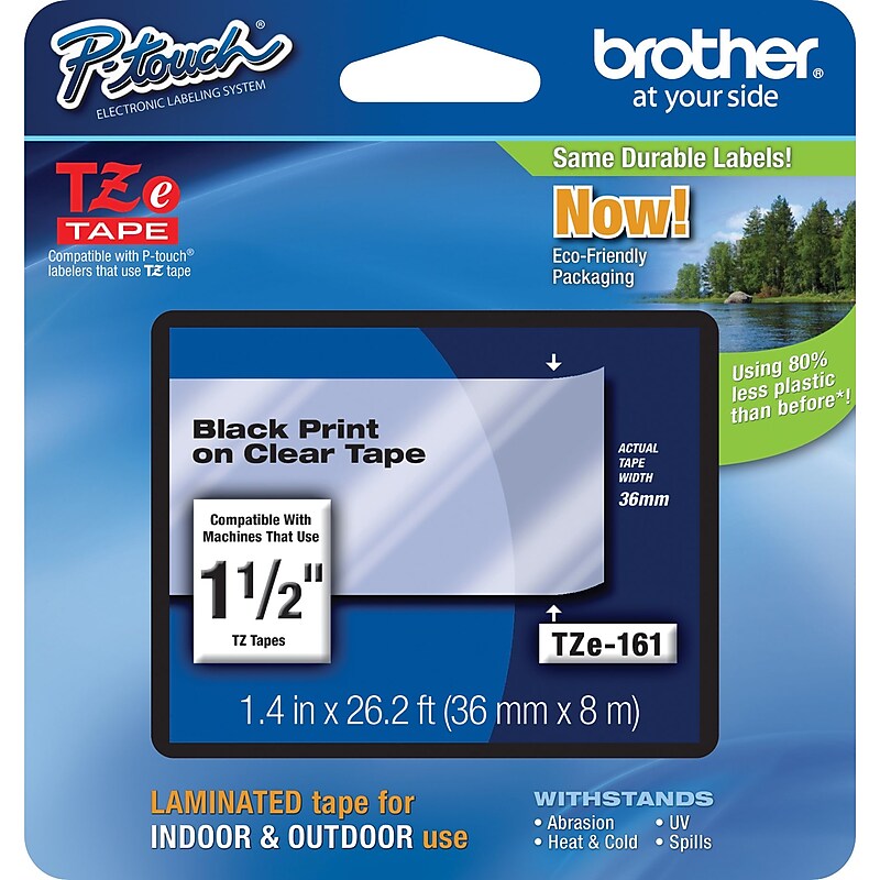 Brother P-touch TZe-161 Laminated Label Maker Tape, 1-1/2" x 26-2/10', Black on Clear (TZe-161) image 1