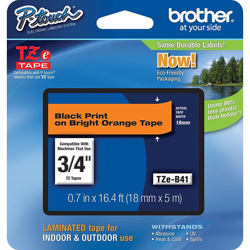 Brother P-touch TZe-B41 Laminated Label Maker Tape, 3/4" x 16-4/10', Black On Fluorescent Orange (TZe-B41) image 1