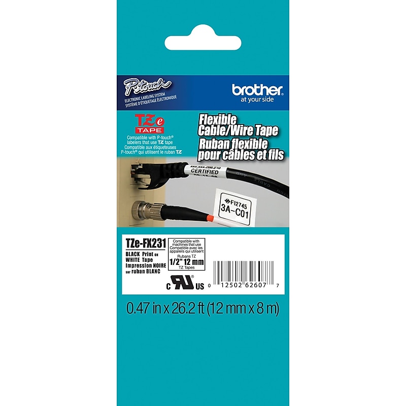 Brother P-touch TZe-FX231 Laminated Flexible ID Label Maker Tape, 1/2" x 26-2/10', Black on White (TZe-FX231) image 1