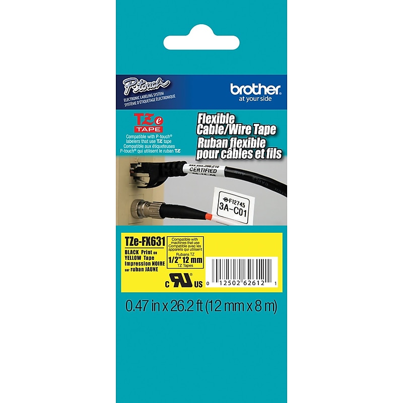Brother P-touch TZe-FX631 Laminated Flexible ID Label Maker Tape, 1/2" x 26-2/10', Black on Yellow (TZe-FX631) image 1
